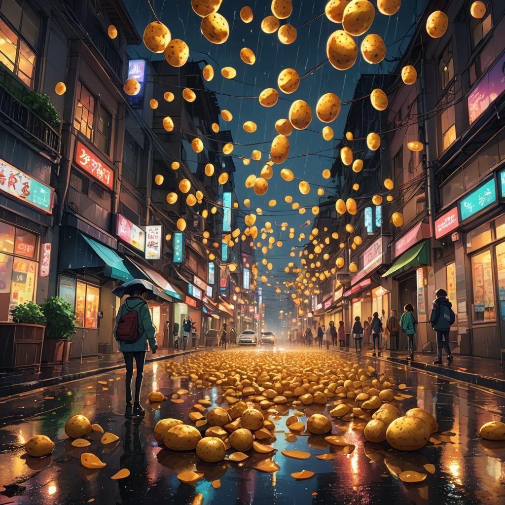 Potatoes Rain Down in Surreal Anime Cityscape