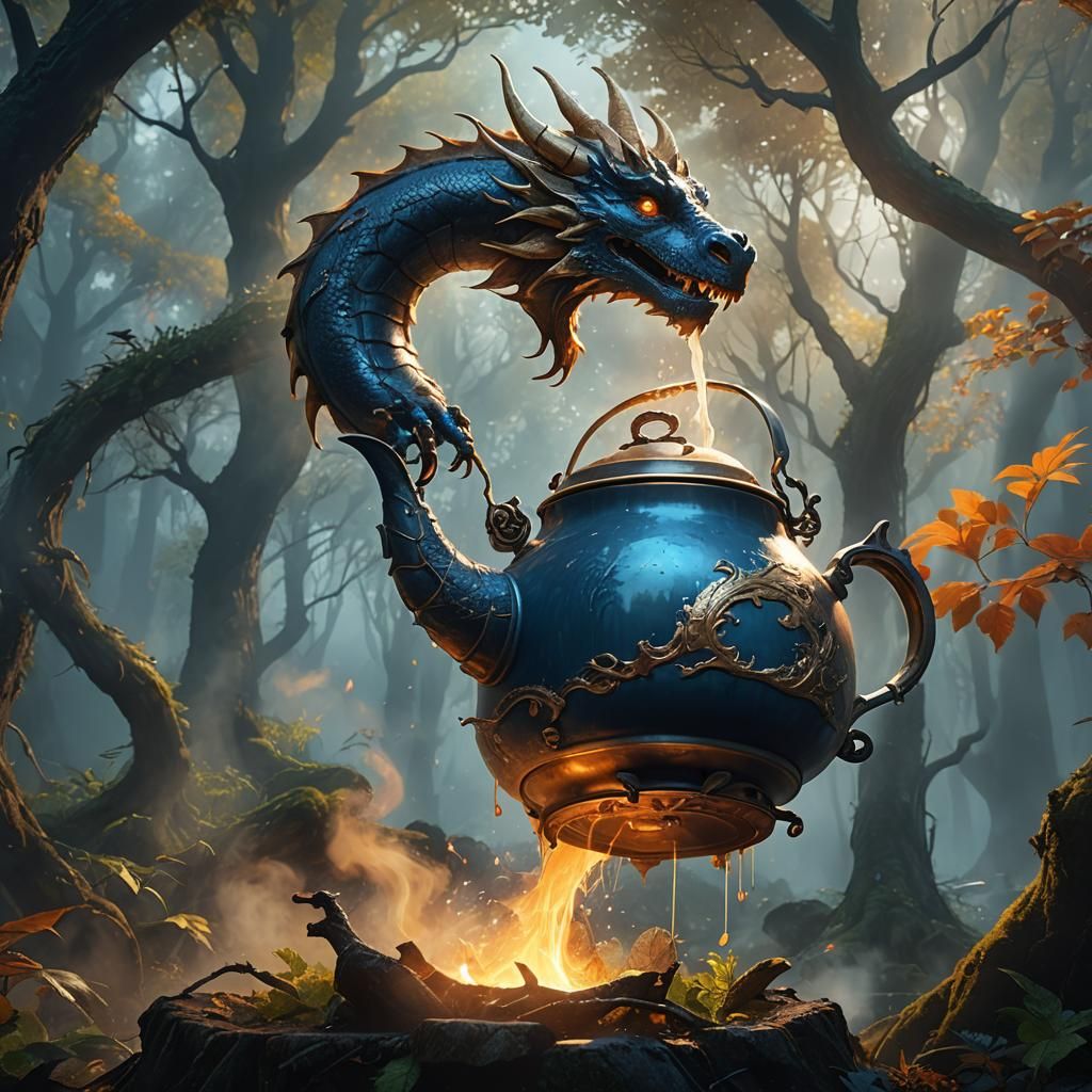 Dragon Kettle Unfurls Steam in Mystical Forest