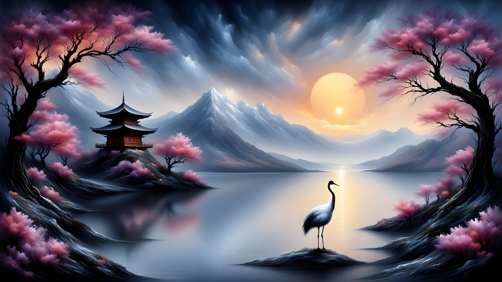 Ethereal Japanese Lake Scene with Majestic Crane