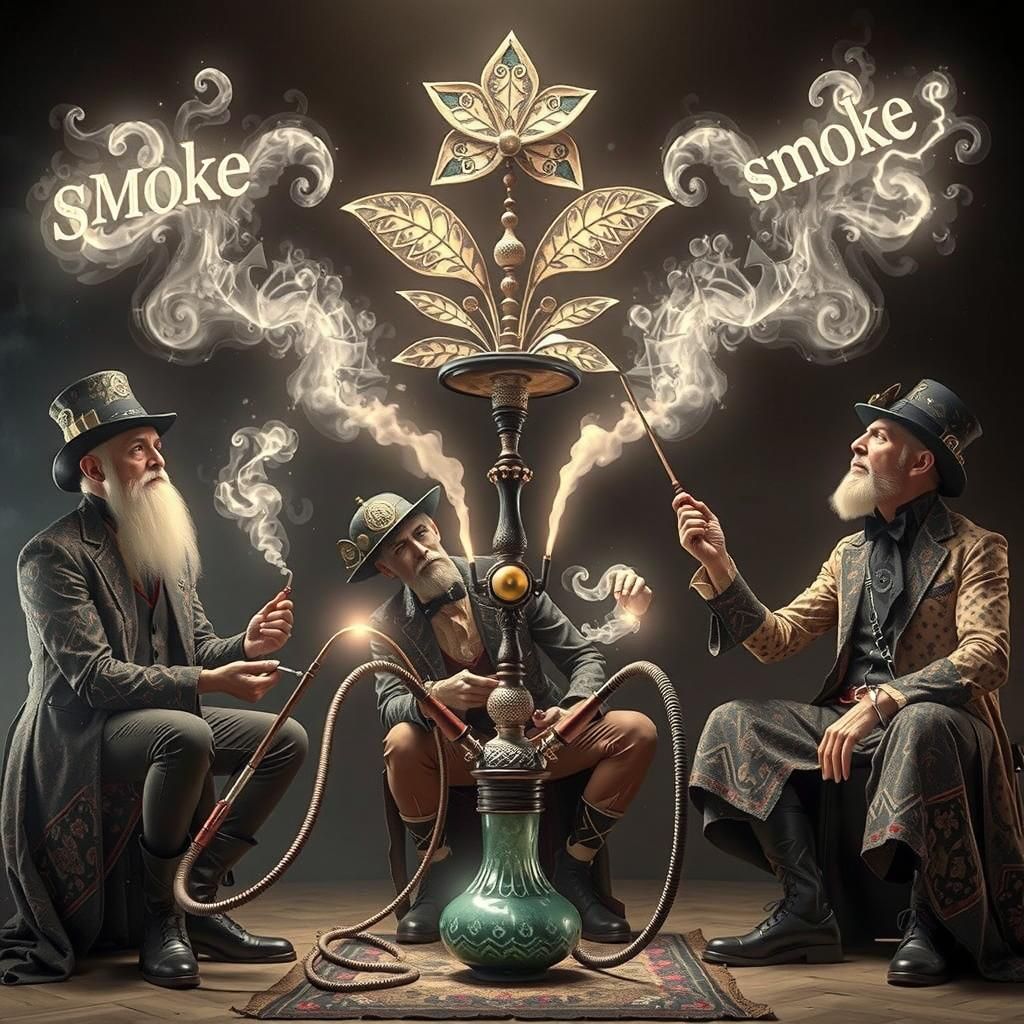 Steampunk Wizards Share Hookah, Magical Smoke Art