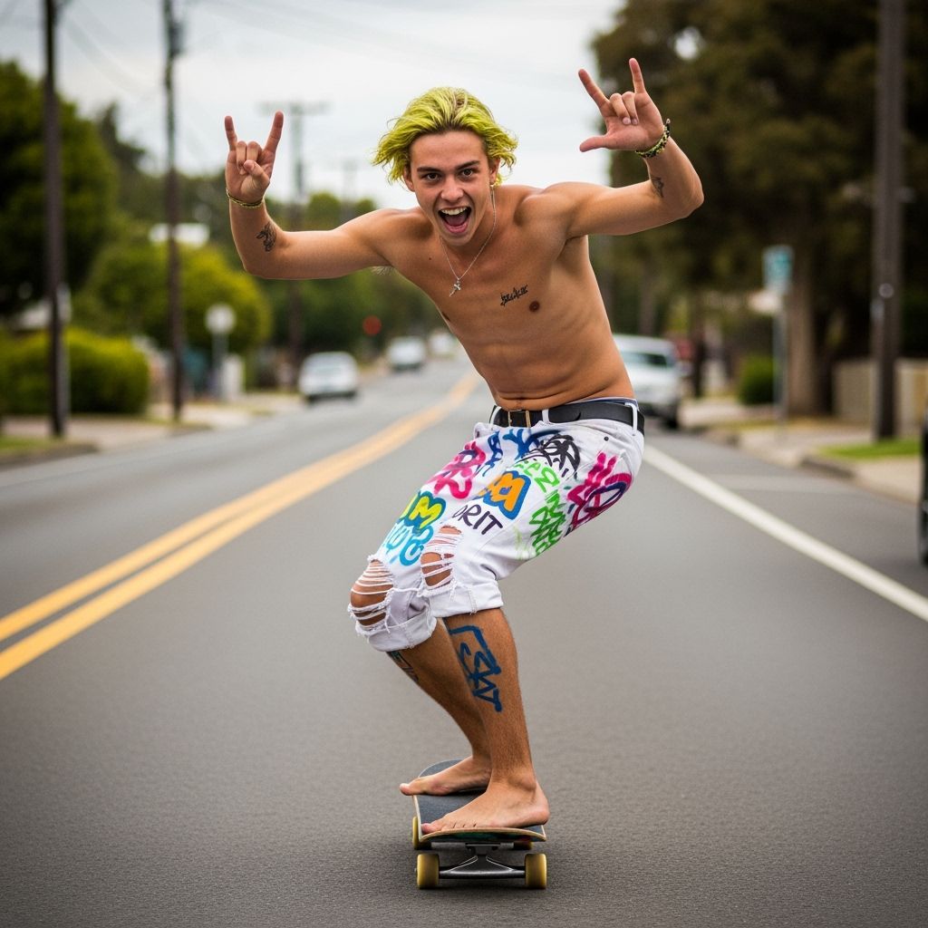 Skateboarder with Neon Hair Rides Through City