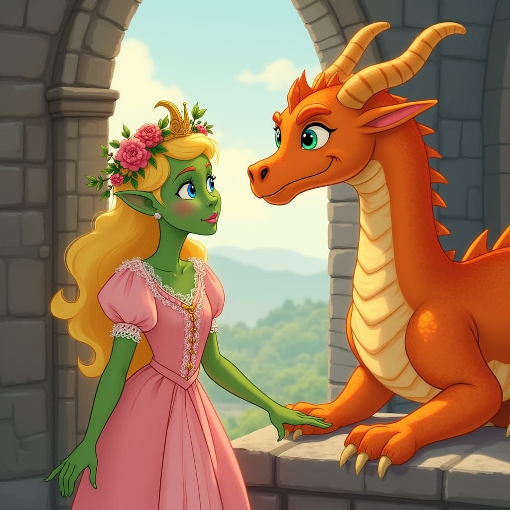 Charming Green-Skinned Princess in Disney-Inspired Castle Sc...