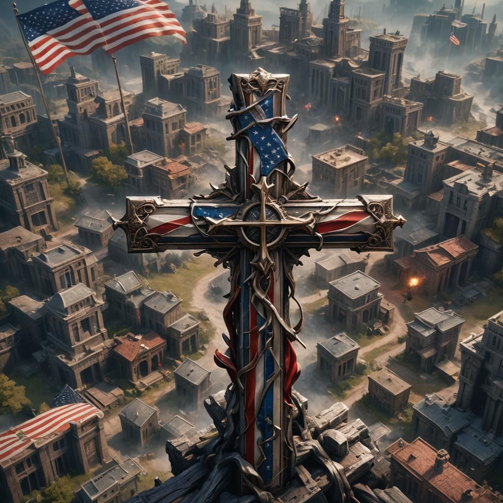 American Flag Wrapped Around a Cross: Matte Painting