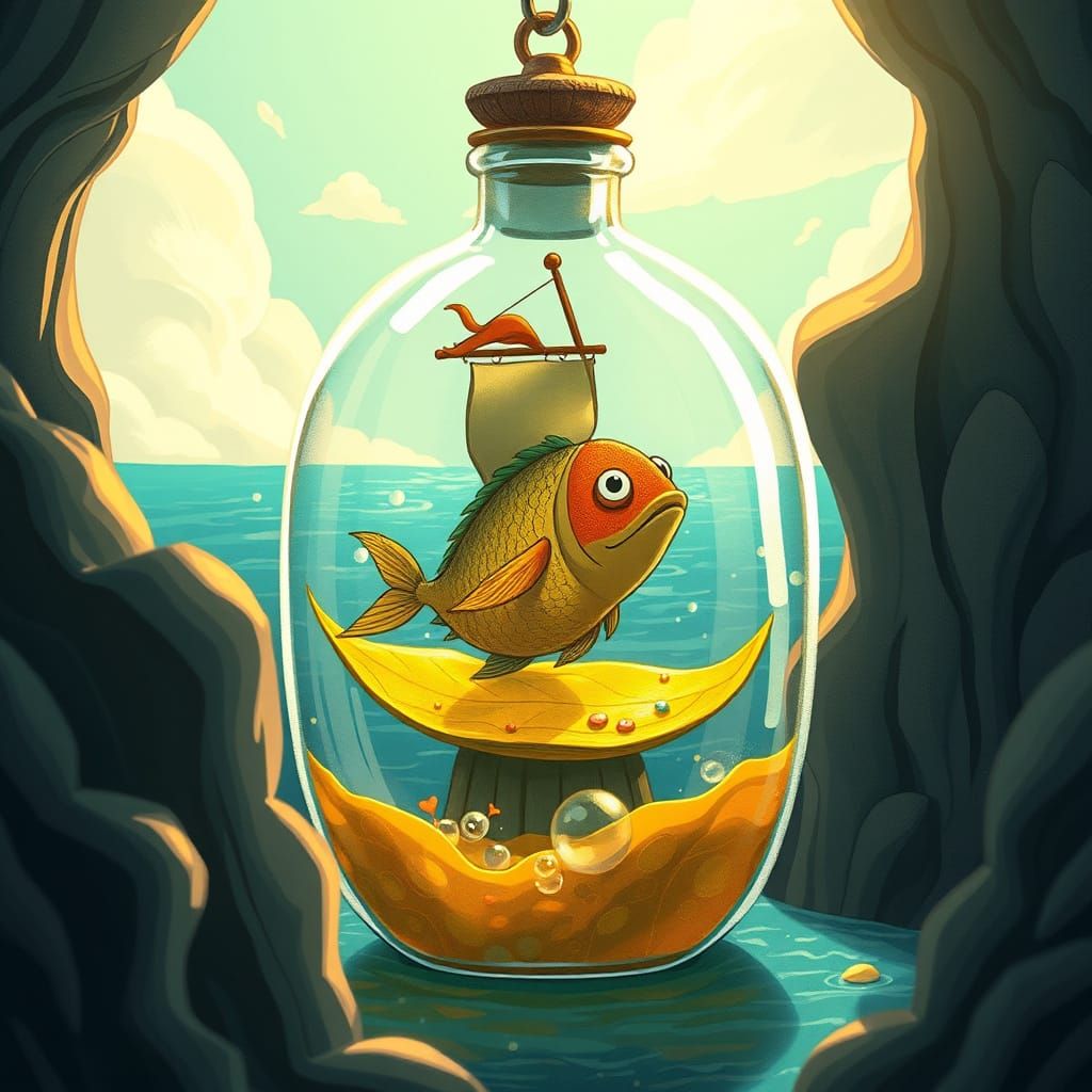 Whimsical Pirate Sailing Liquid Gold Ocean in Bottle