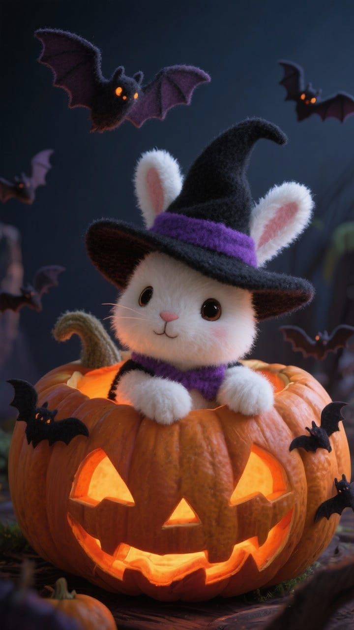 Cute Felt Bunny in Pumpkin with Witch Hat