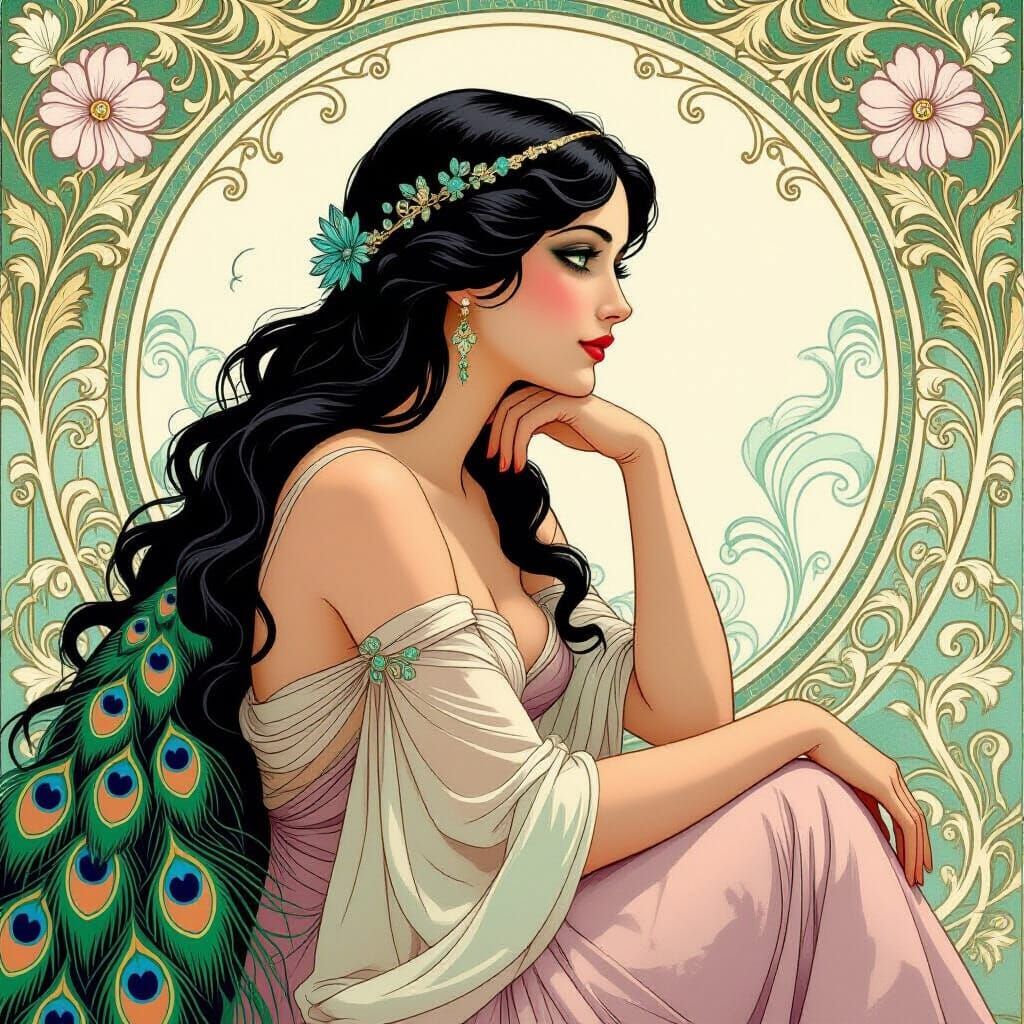 Art Nouveau Aphrodite Contemplating with Peacock