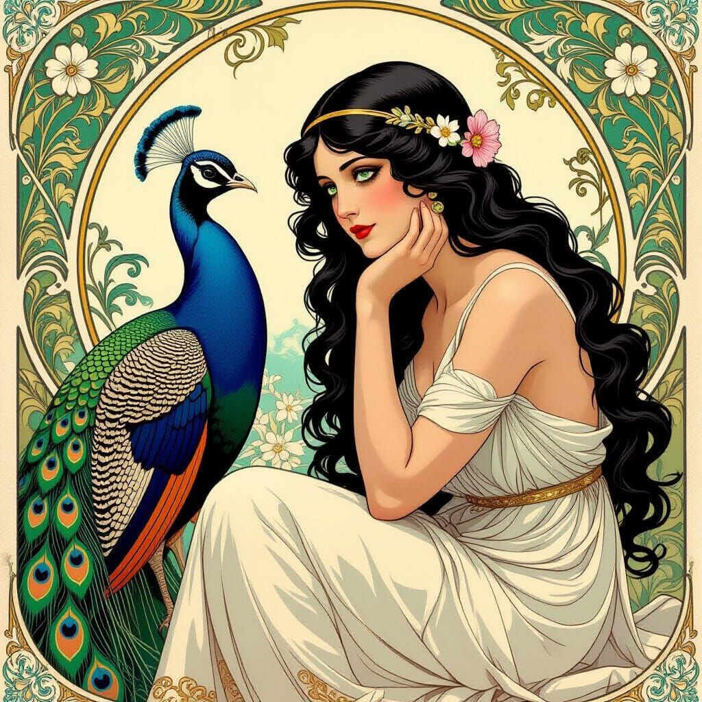 Art Nouveau Aphrodite with Peacock, Elegant Vintage Illustra...