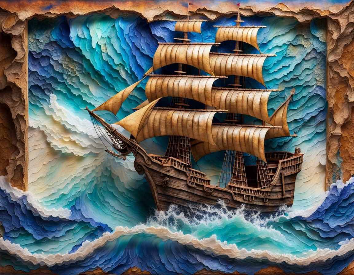 Pirate Ship Collage in Stormy Seas