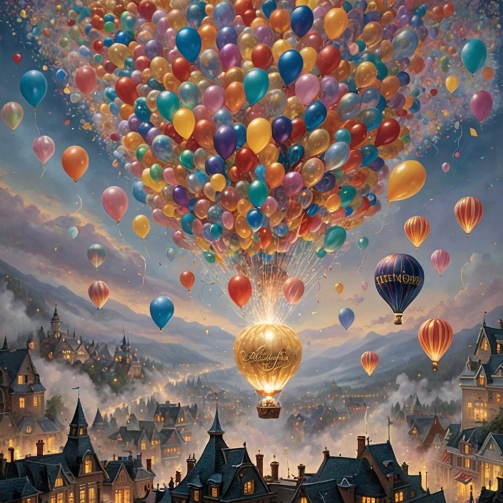 Celebratory Balloons Under Fireworks, Ethereal Fantasy