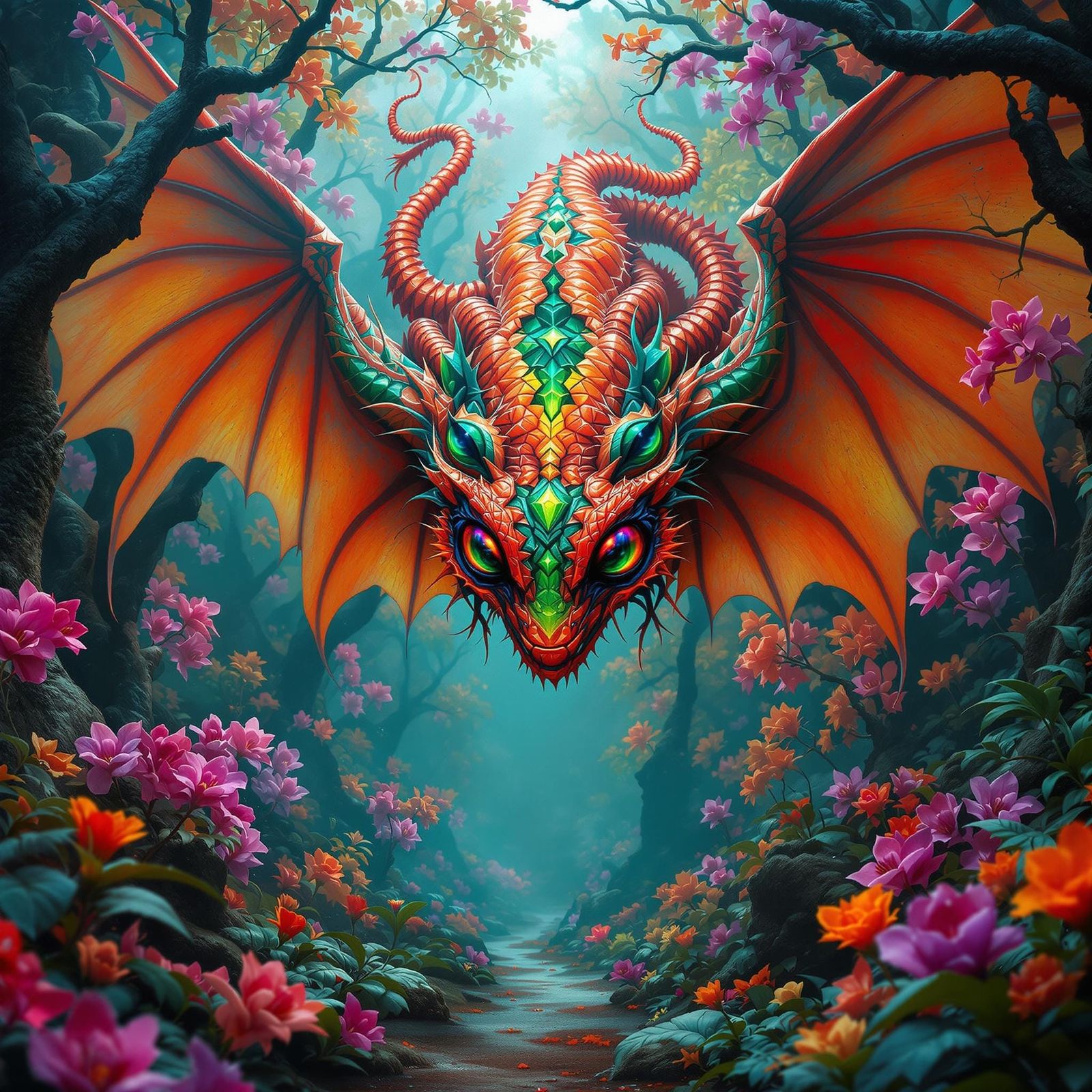 Hybrid Dragon-Tarantula Creature in Alien Orchid Forest