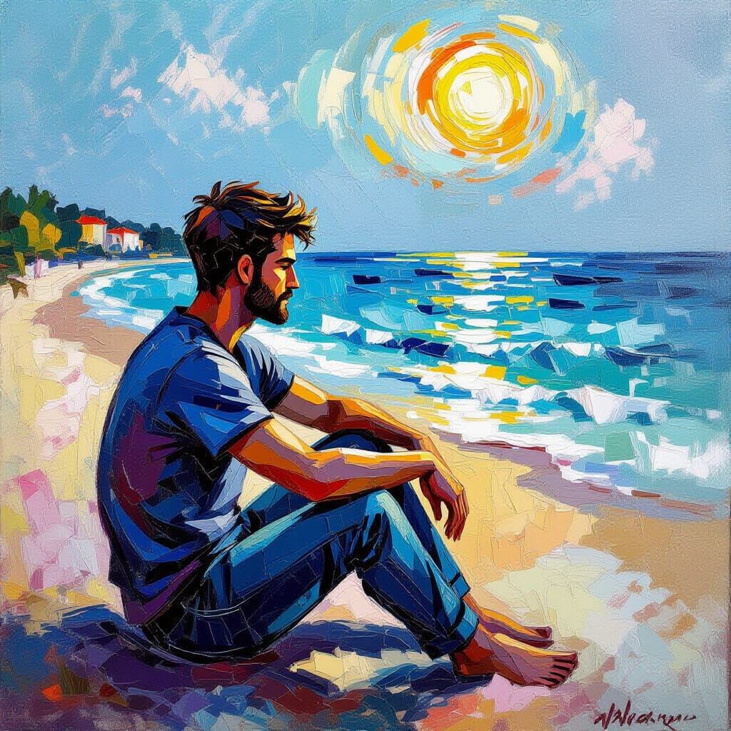 Man Contemplating Beach Scene in Neo-Impressionist Style