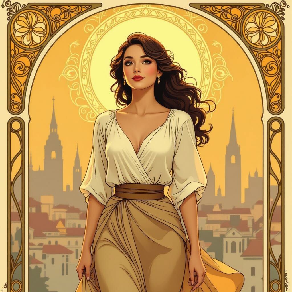 Elegant Woman in Golden Cityscape, Art Nouveau Style