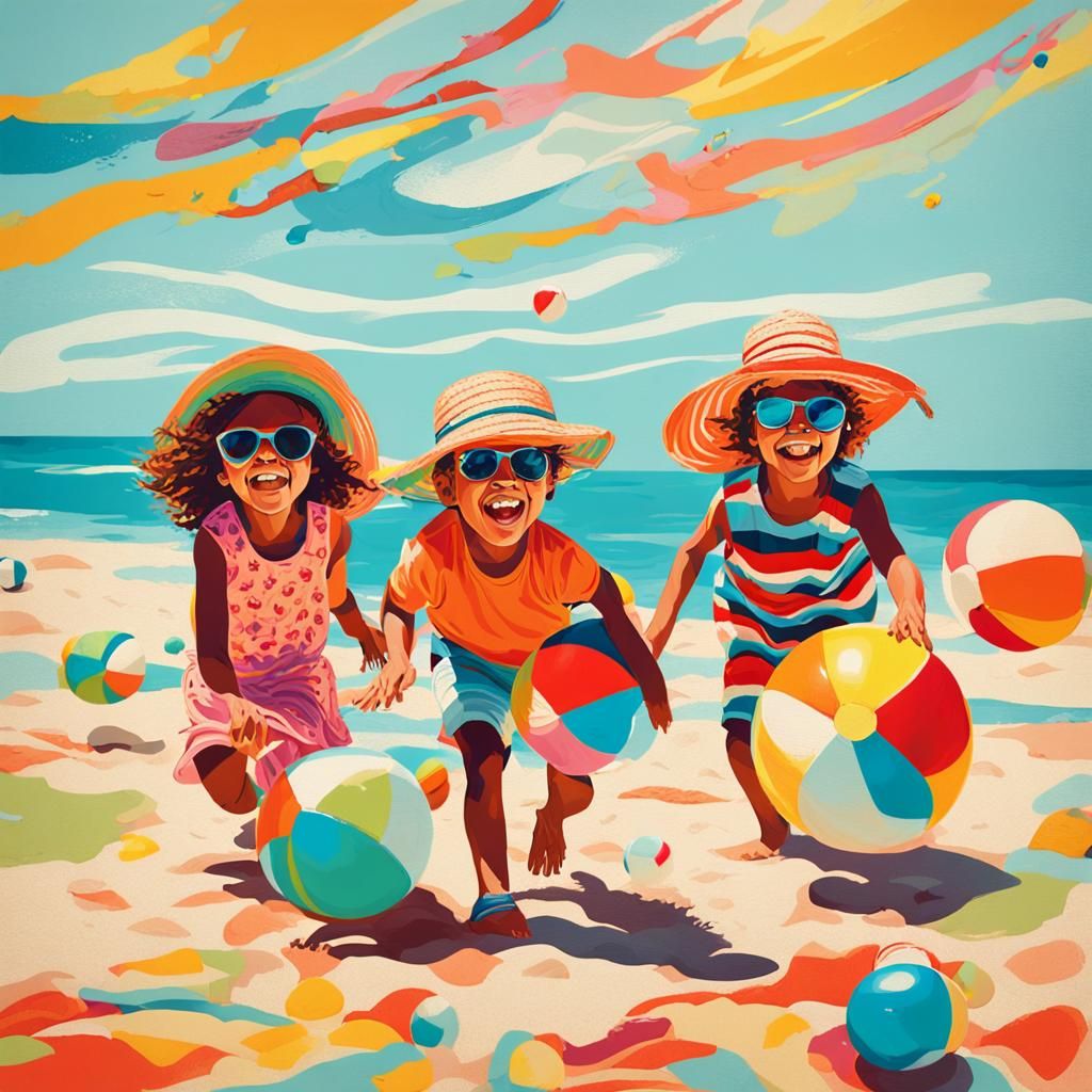Joyful Children's Beach Portrait in Pop Art Style