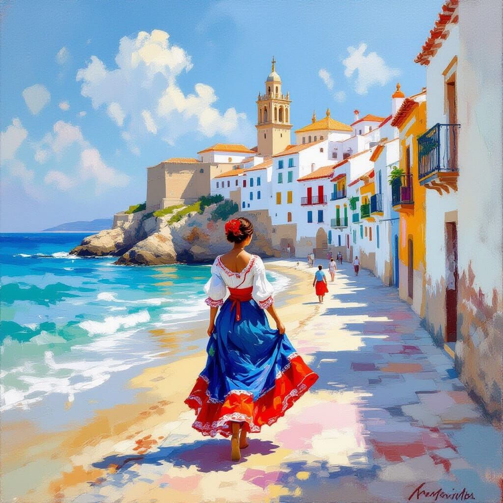 Andalusian Woman on Cadiz Beach in Impressionist Style