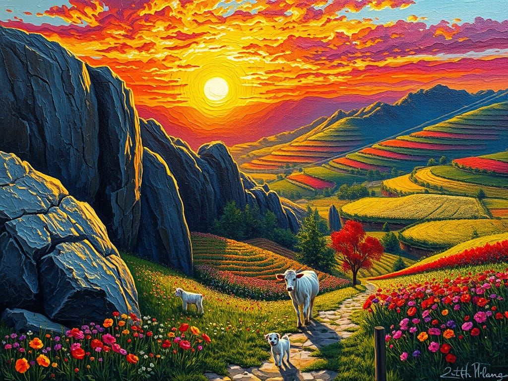 Vibrant Sunrise Landscape with Textured Rocks and Animals