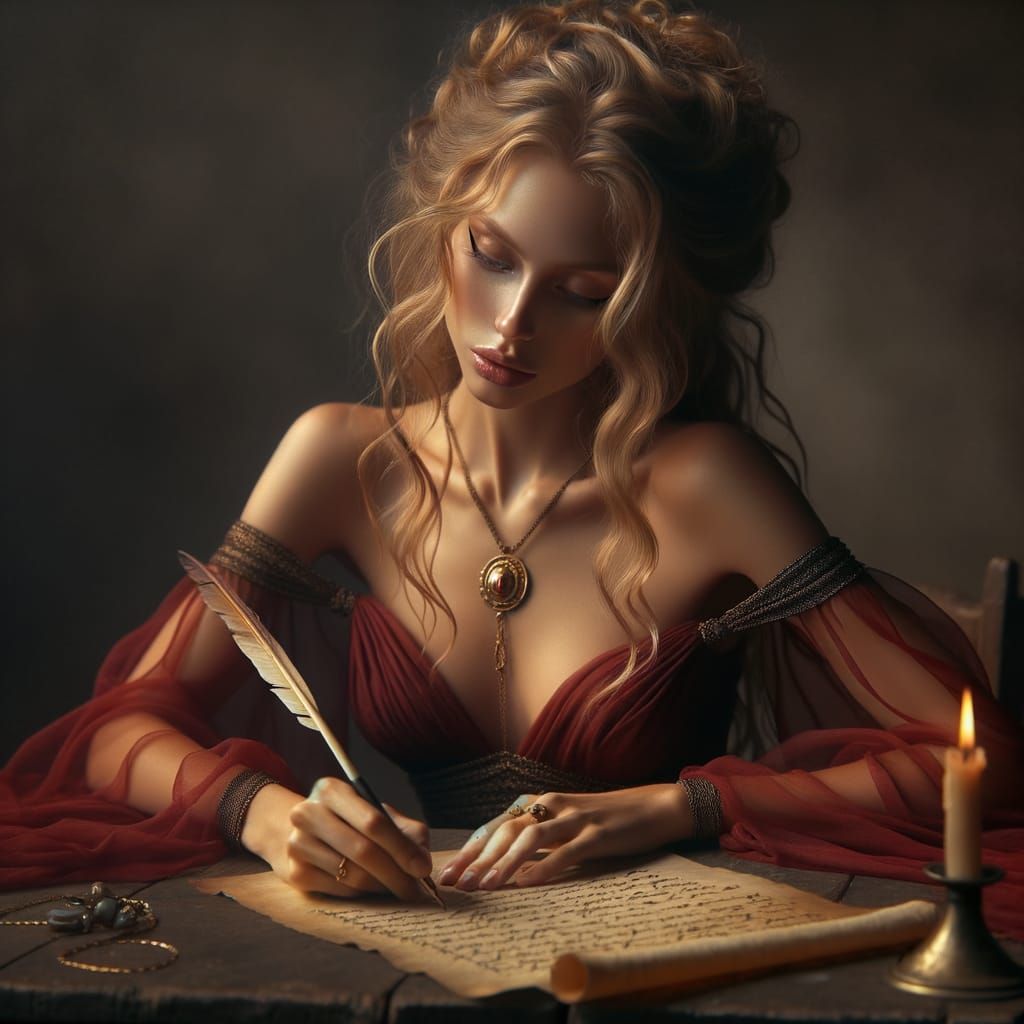 Norse Goddess Writing Ancient Tales in Candlelight