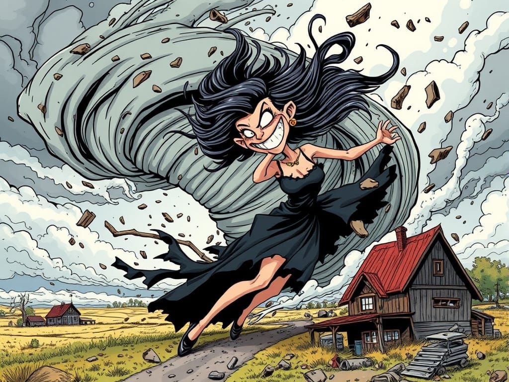 Humorous Cyclone Woman Attacks Town in Comic Book Style