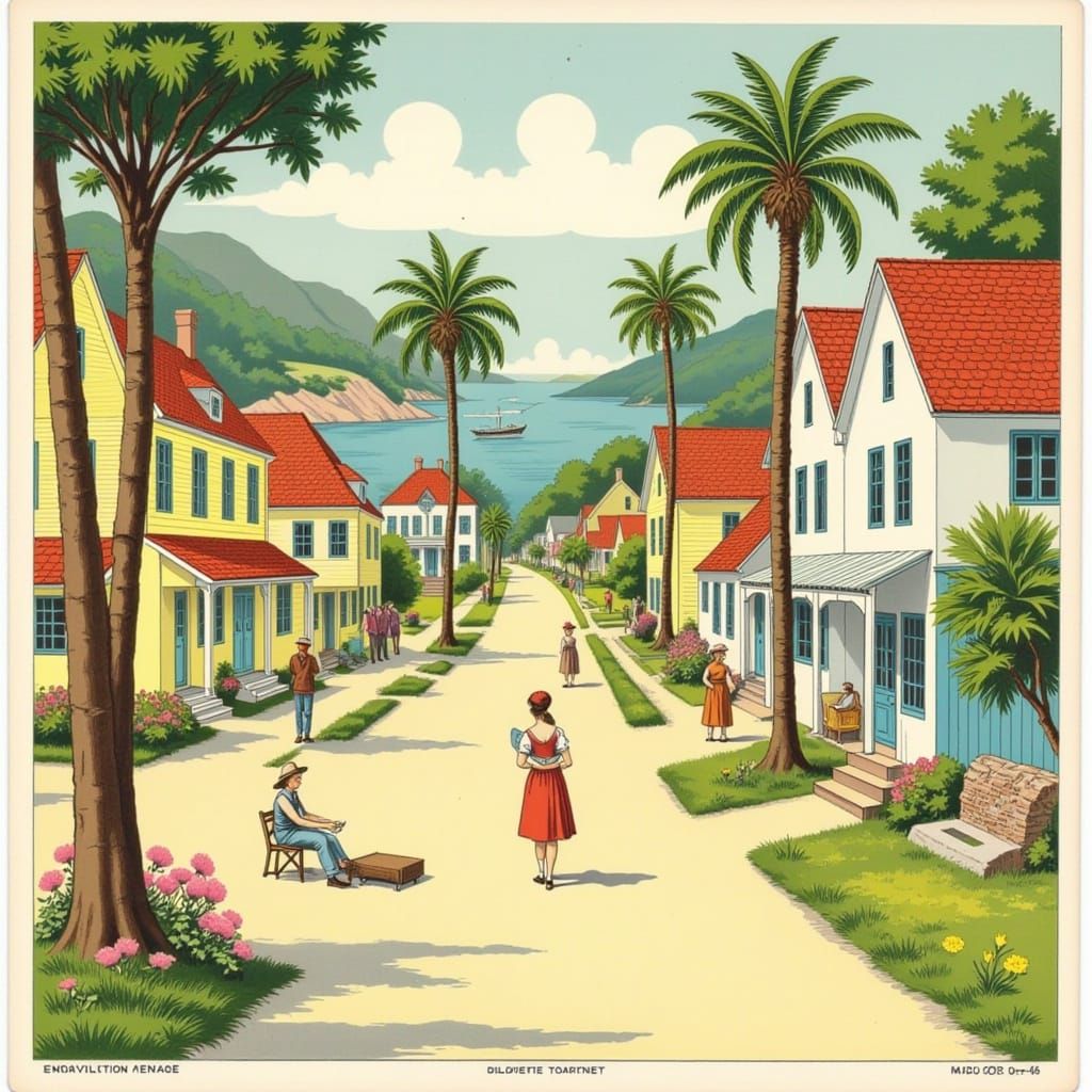 Vintage Postcard of Fictional Town in Watercolor Style