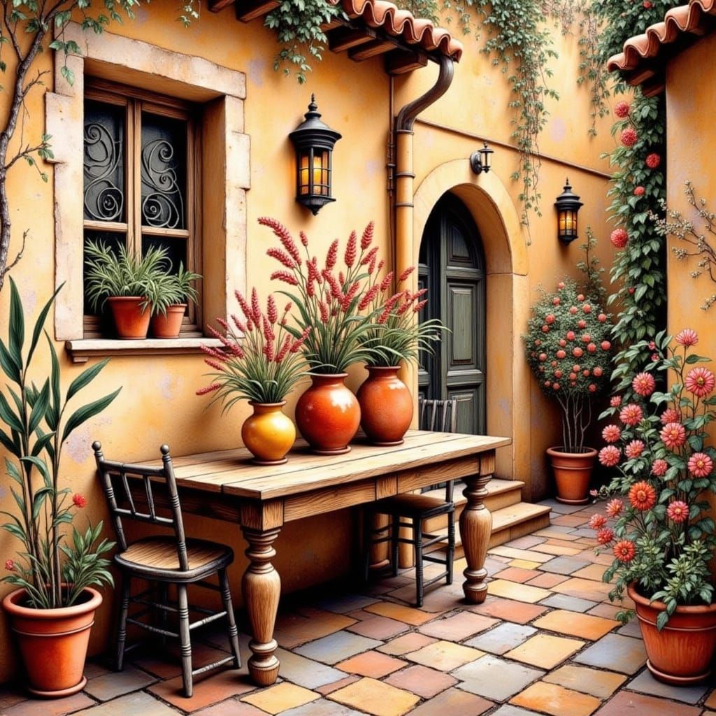 Mediterranean Courtyard in Naive Art Style