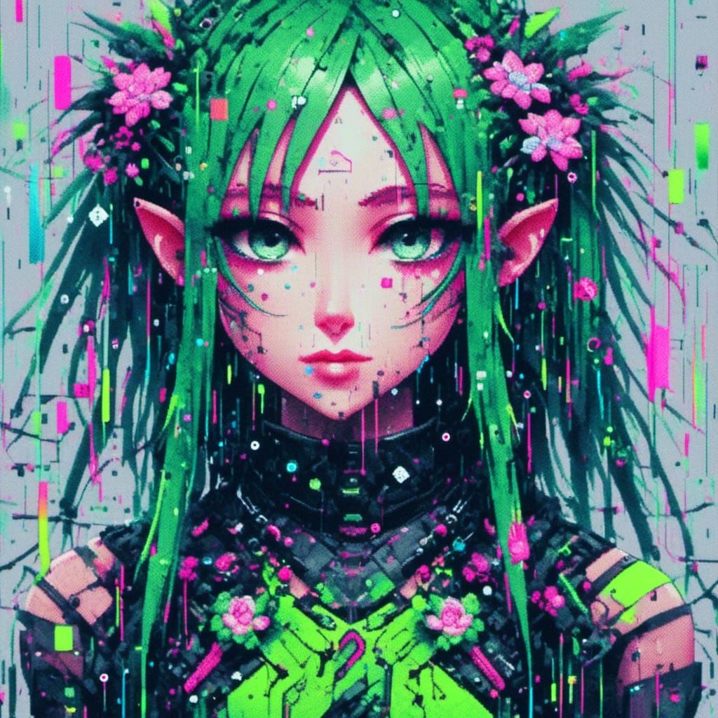 Glitchcore Elf Portrait with Bioluminescent Highlights