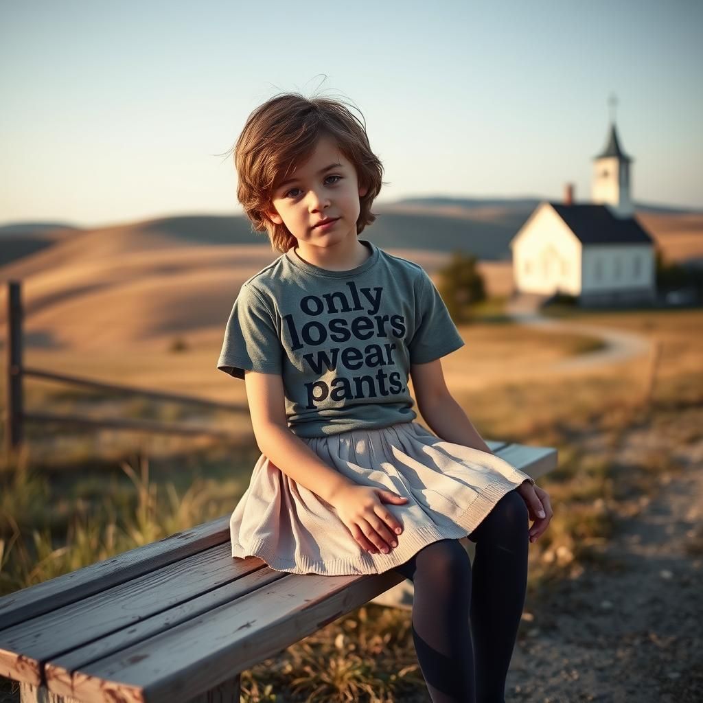 Boy in Skirt: Serene American Landscape