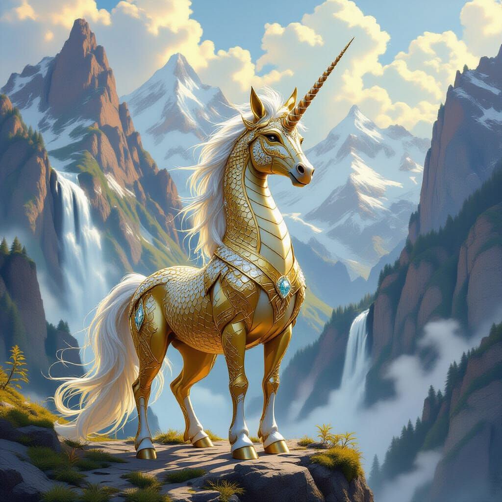Gold Dragon Unicorn Hybrid in Digital Art Style
