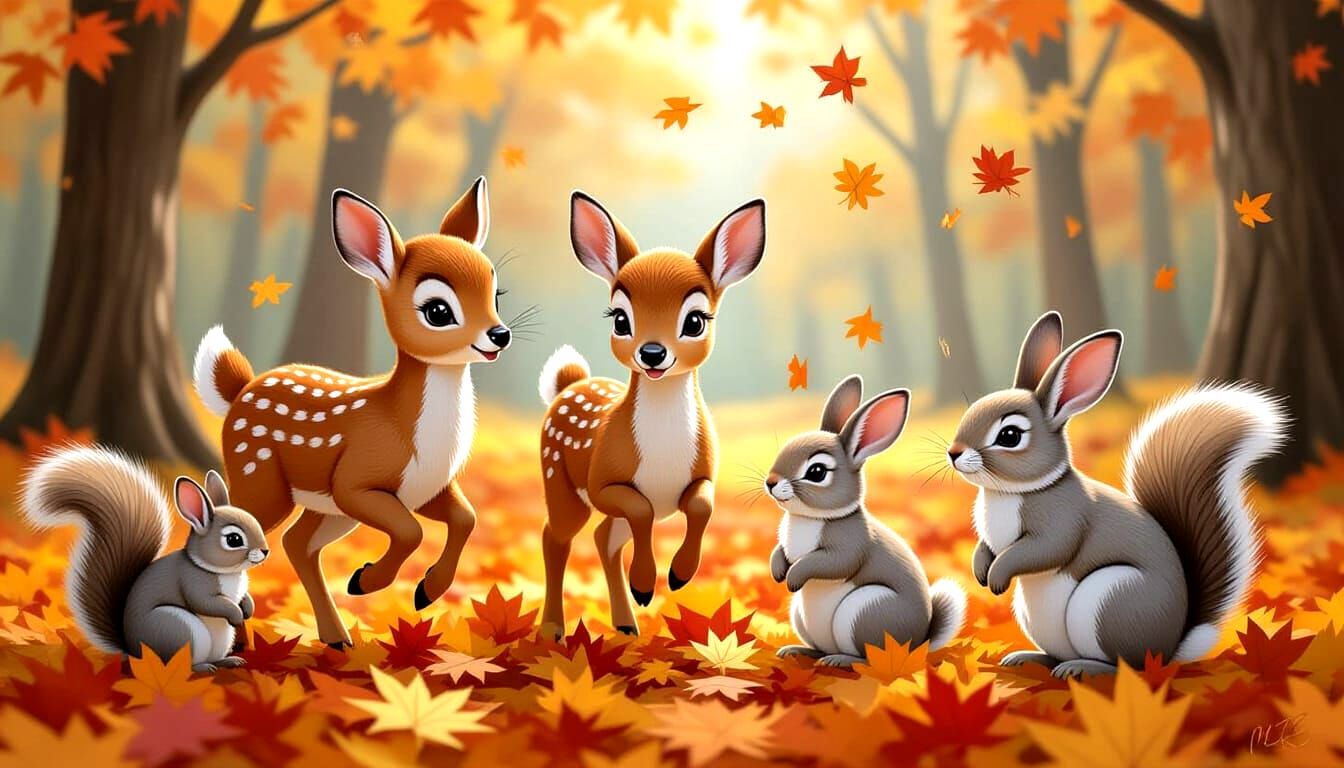 Whimsical Autumn Forest Scene with Woodland Creatures