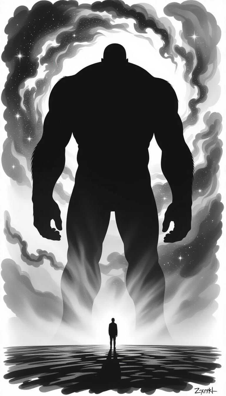 Tiny Figure Before Giant Silhouette in Charcoal Drawing