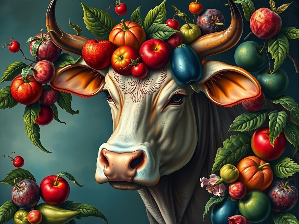 Surreal Cow Composed of Fruits and Foliage in Mannerist Styl...