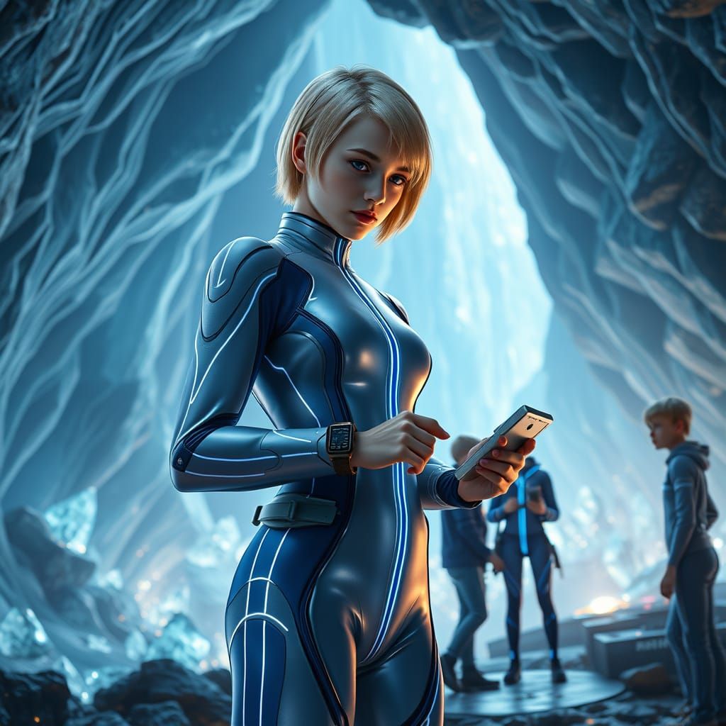 Futuristic Heroine Explores Crystal Cave in High-Tech Jumpsu...