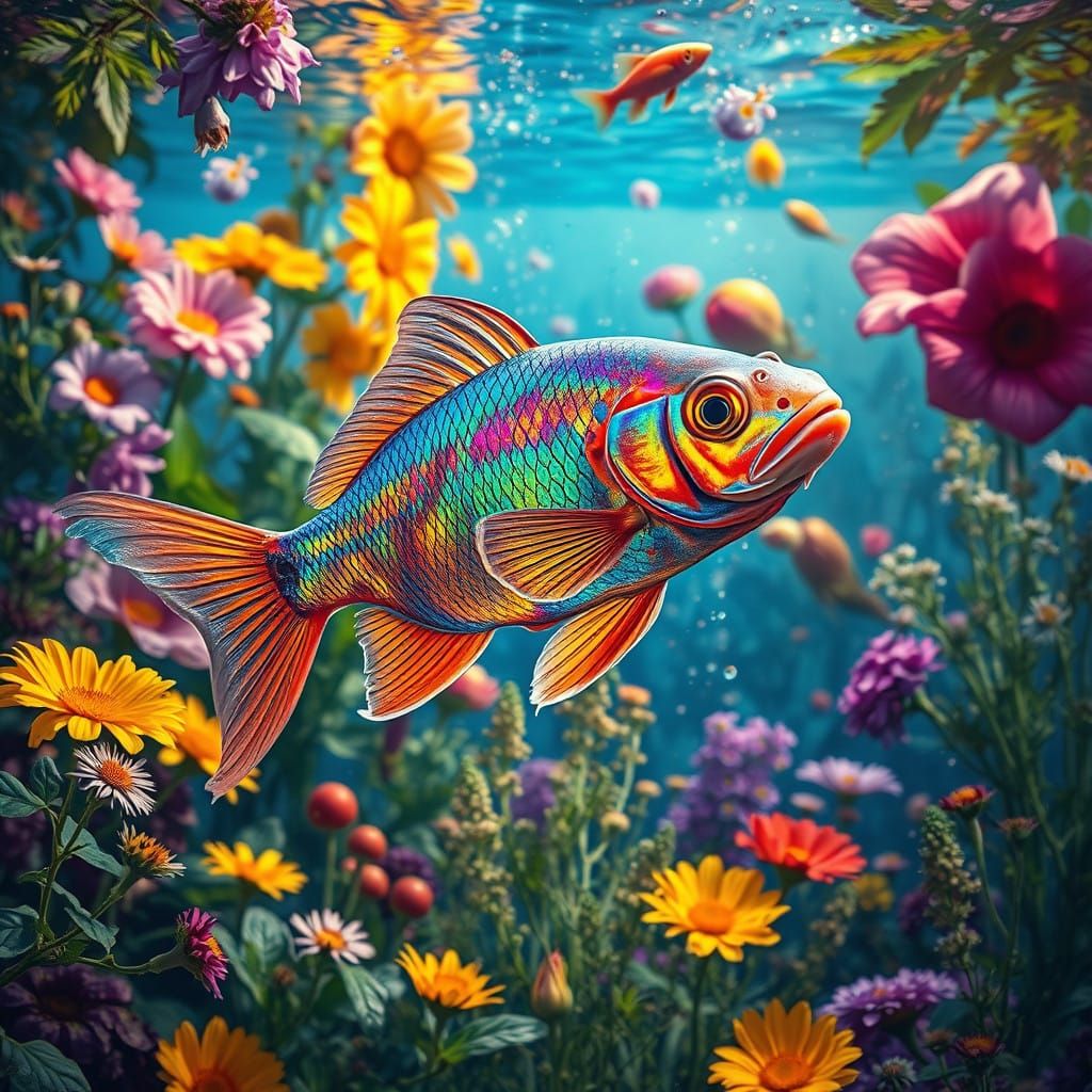 Hyperrealistic Garden Scene with Vibrant Fish and Blooming F...