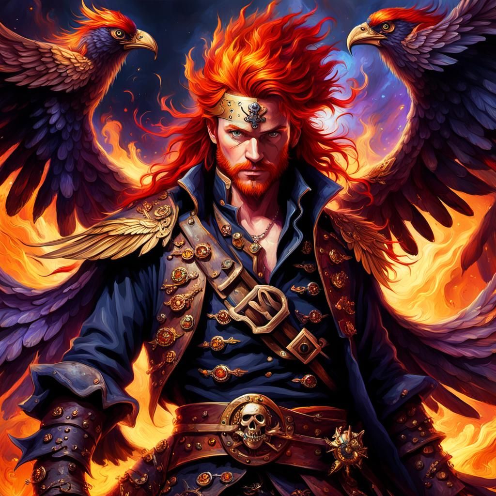 Red-Haired Pirate with Phoenix Wings Fantasy Art