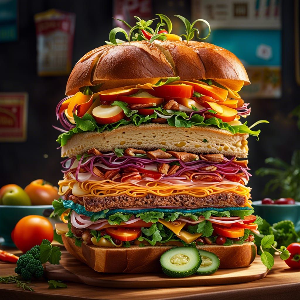 Towering Sandwich in Anime Style, Highly Detailed