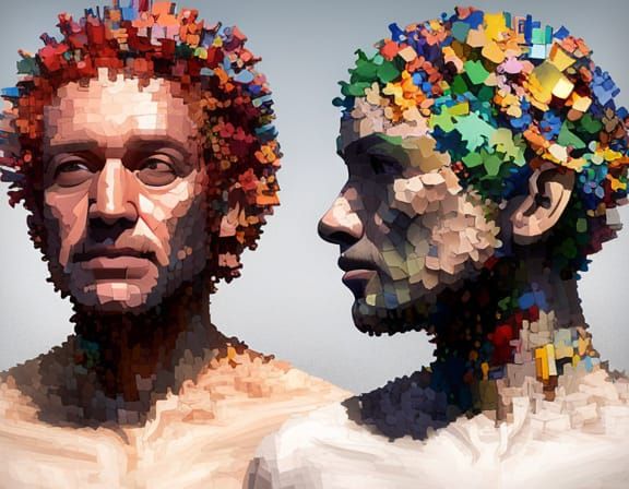 Surreal Heads Exchange in Jigsaw Plasma Art