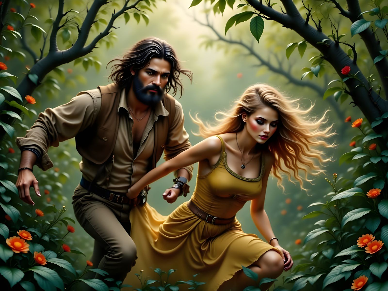 A man chases a woman until she catches him