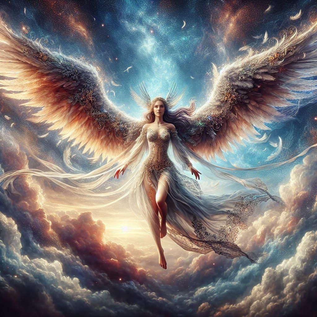 Ethereal Angel Soaring in a Vibrant Sky