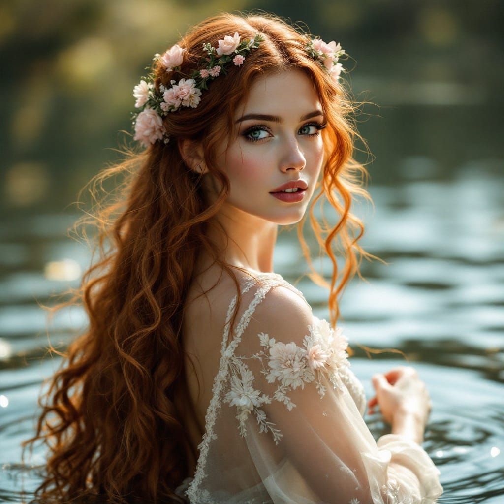 Ethereal Pre-Raphaelite Bride Rises from the Lake's Edge