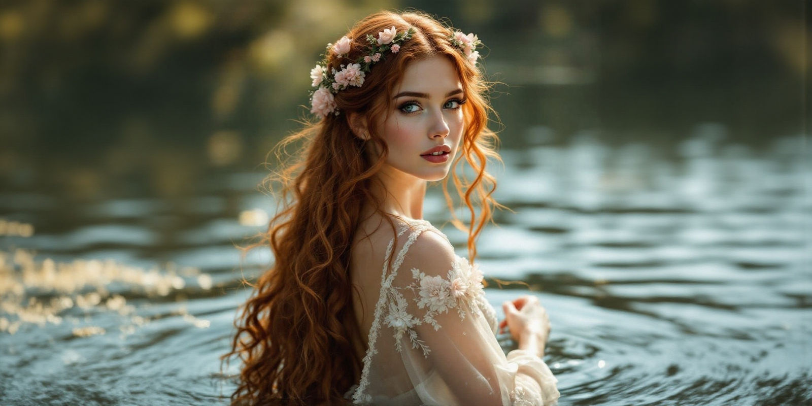 Ethereal Pre-Raphaelite Bride Rises from the Lake's Edge