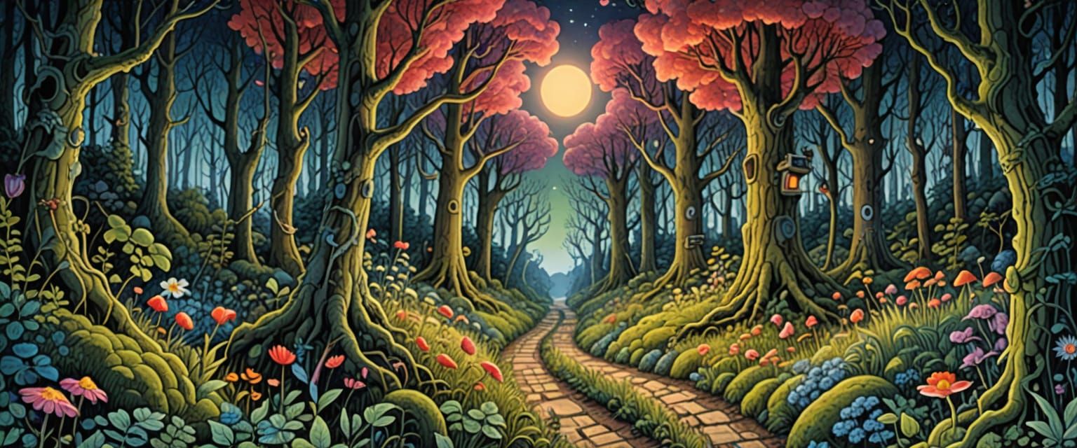 Magical Forest Path with Woodland Creatures in Pastel Tones