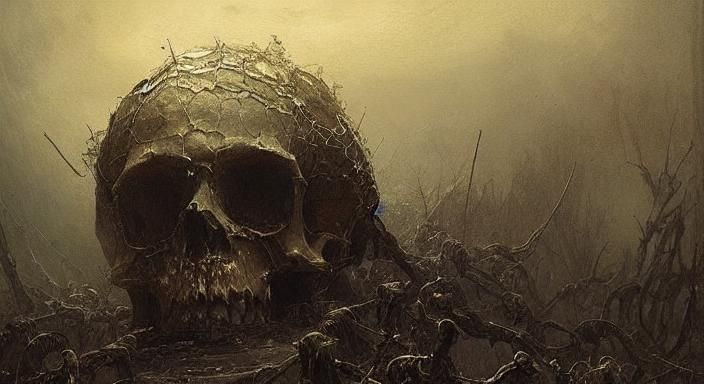 Fire Opal Skull with Cobwebs: Horror Art