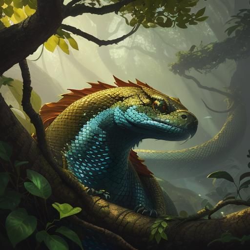 Golden Snake in Lush Fantasy Oil Painting