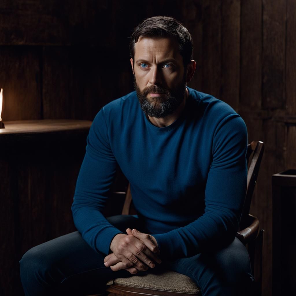 Stern Man with Blue Eyes in Dark Room