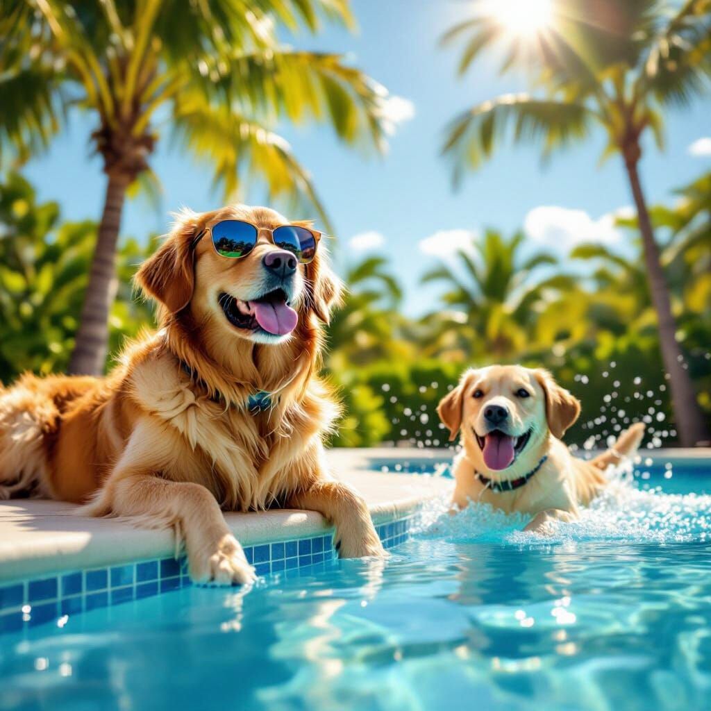 Cool Golden Retriever in Sunglasses by Pool with Labrador