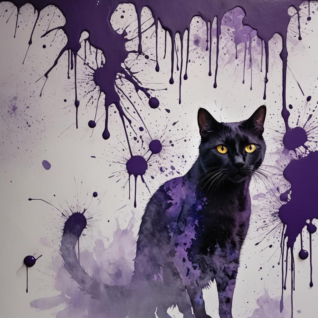 Black Cat with Purple Ink Shadow, Art Nouveau Style