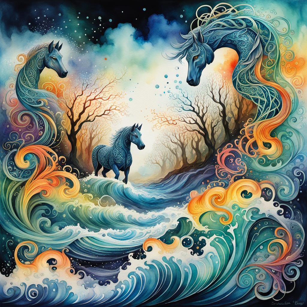 Mystical Kelpies Surge in Evocative Watercolor Art