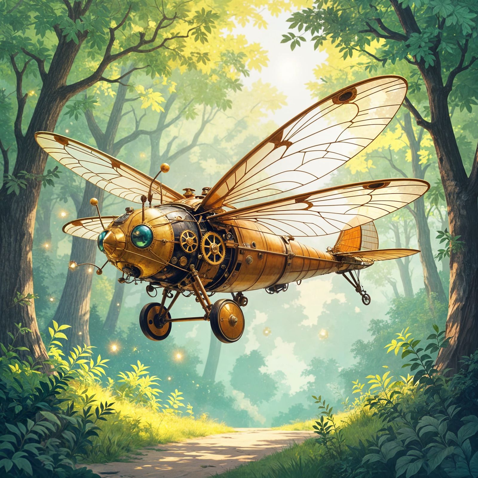 Mechanical Dragonfly Airship Over Sunlit Forest Clearing