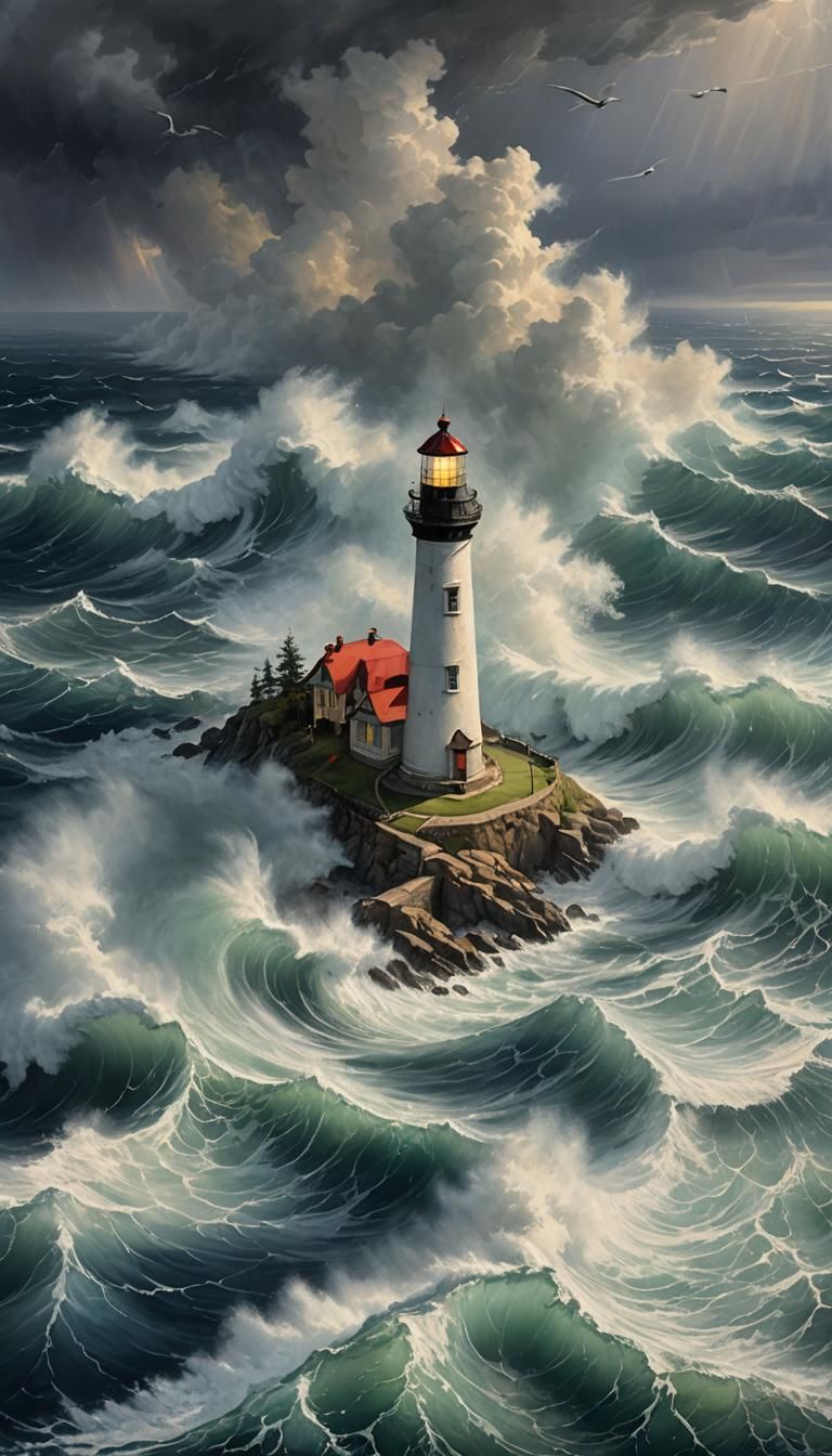 lighthouse in the middle of the sea in a very big storm seen...