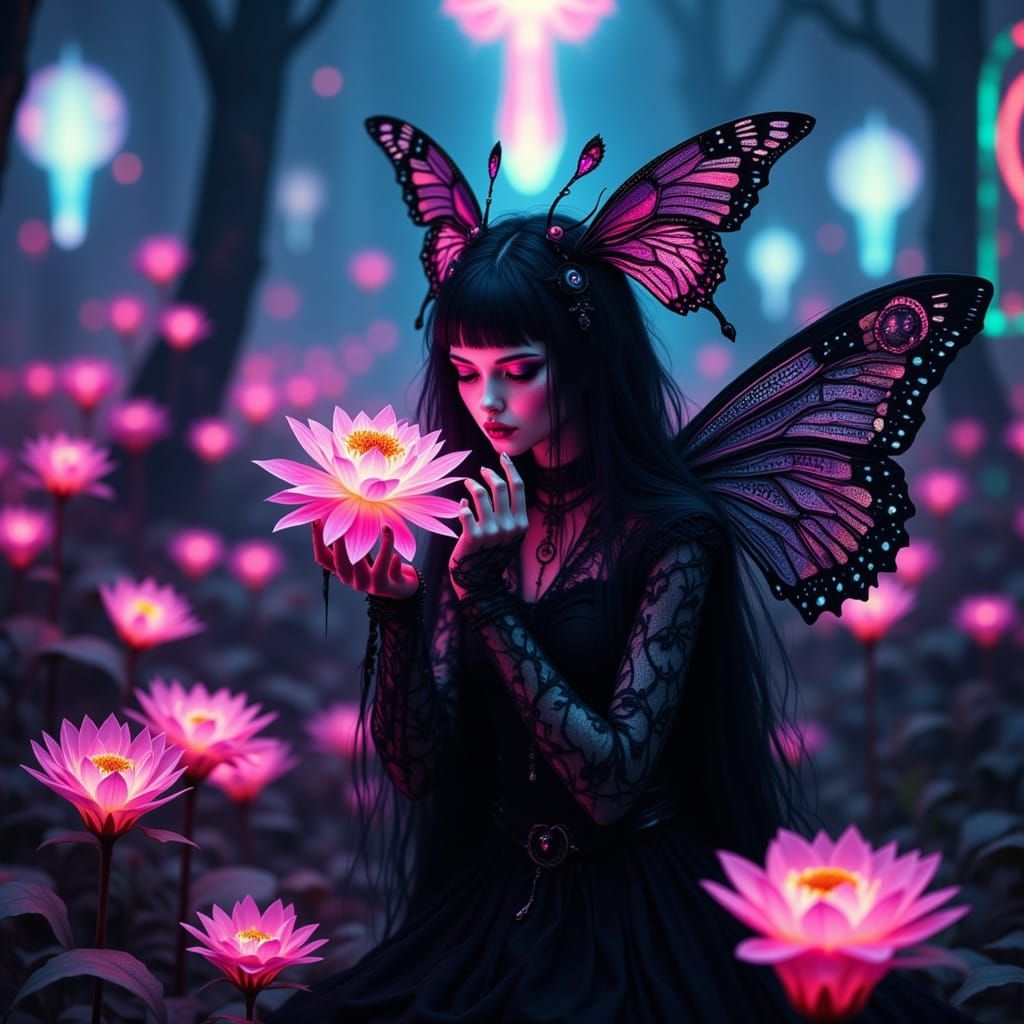 Goth Butterfly Spirit in Neon Grave, Ash Thorp Style