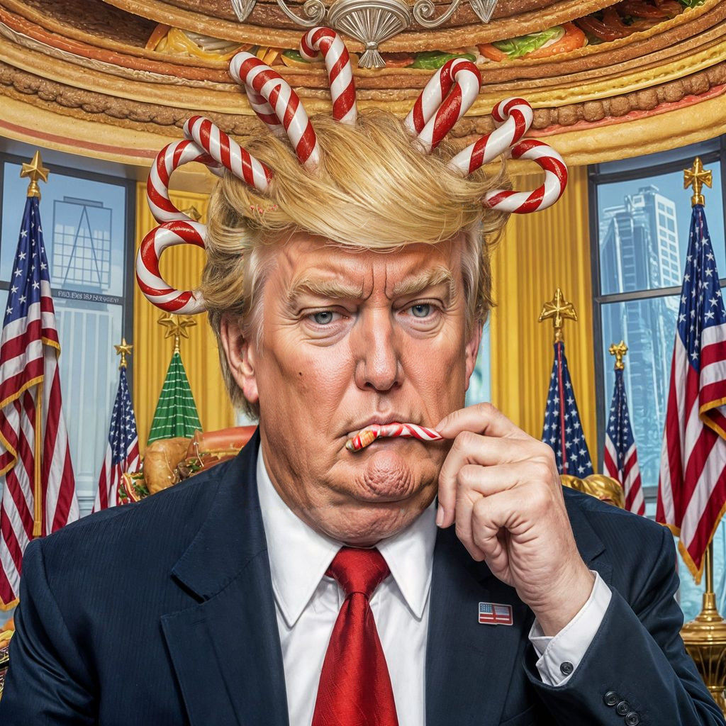 Donald Trump Focuses with Whimsical Hair Accents in a Presid...