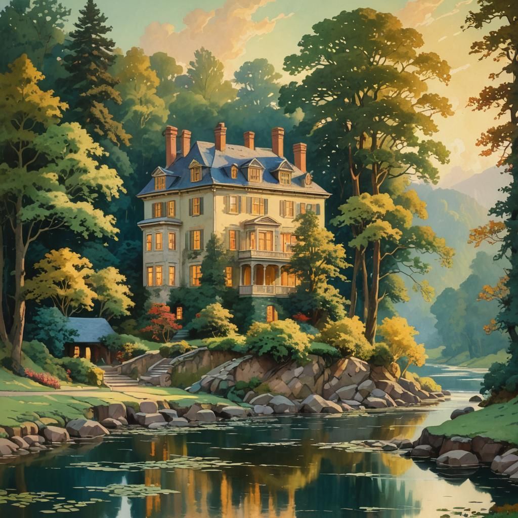 Impressionist House by River in Golden Light